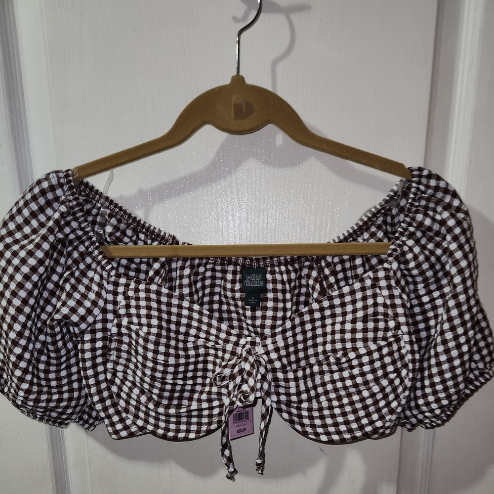 Brown and white checkered top with underwire